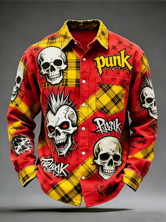 Pánské retro punkové lebky vytištěné dlouhými rukávy vreckové košile