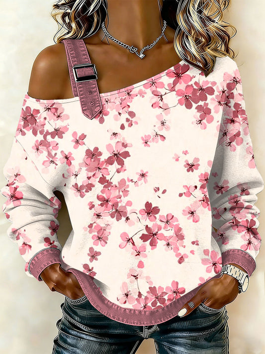 Dámské vintage floral patchwork print casual offshoulder sweatshirt