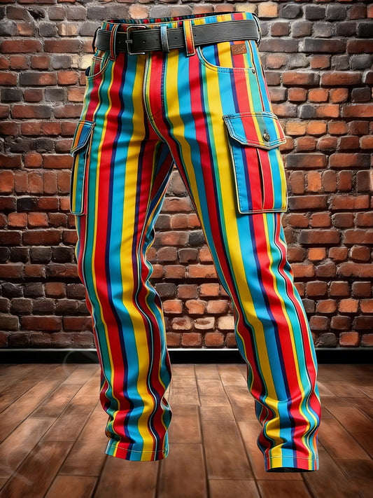 Pánské retro dovolená business stripe art print casual workwear kalhoty