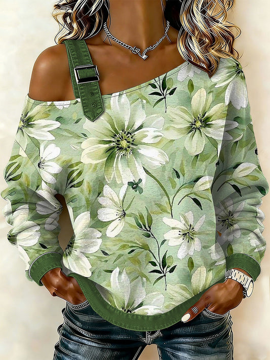 Dámské vintage floral patchwork print casual offshoulder sweatshirt