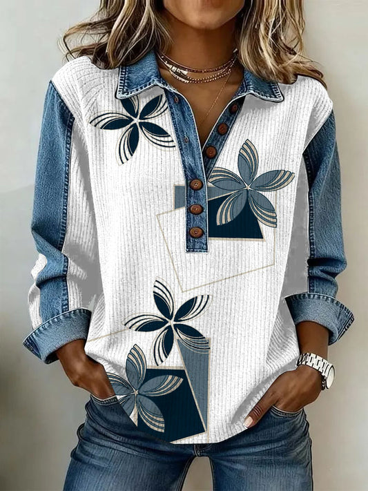 Ženské vintage květinová tisk neformální s dlouhým rukávem top