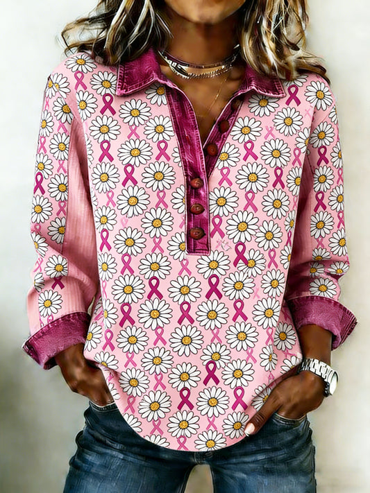 Ženské rakovina prsu květina tištěné patchwork dlouhý rukáv mikina