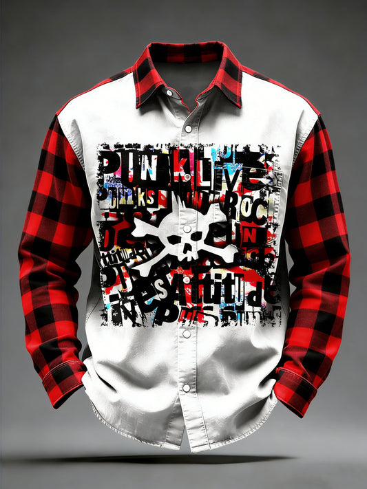 Pánské retro punkové lebky vytištěné dlouhými rukávy vreckové košile