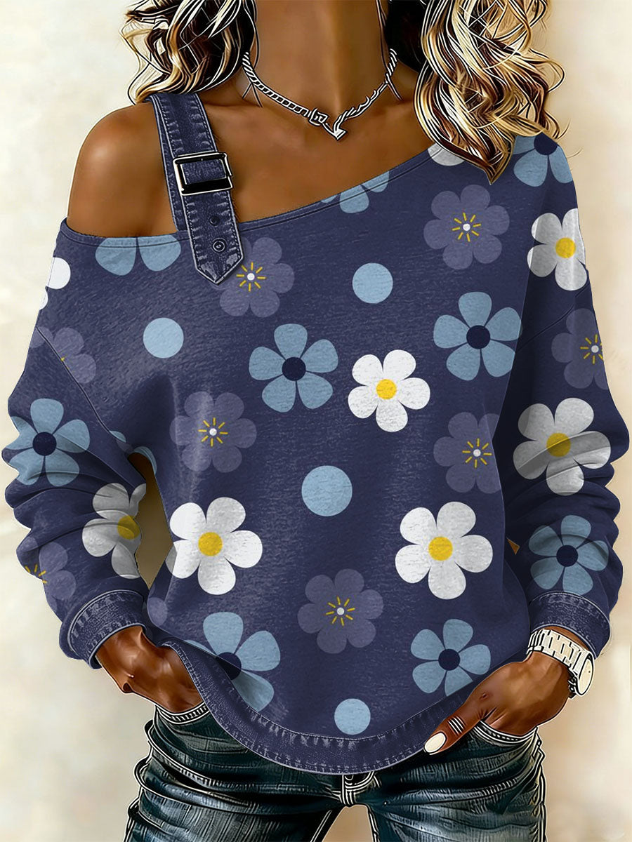 Dámské vintage floral patchwork print casual offshoulder sweatshirt