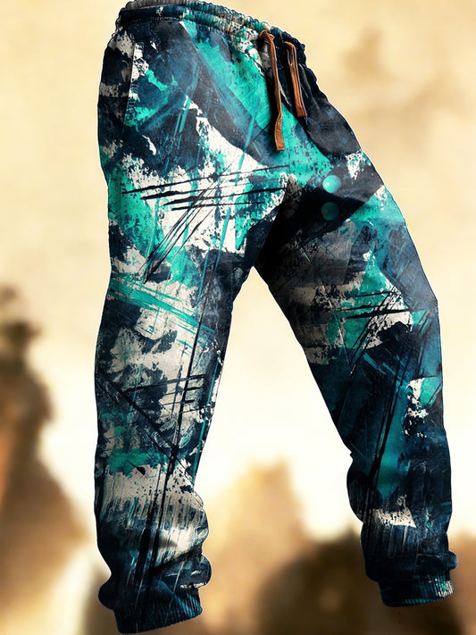 Men green artistic graffiti print casual sweatpants trousers