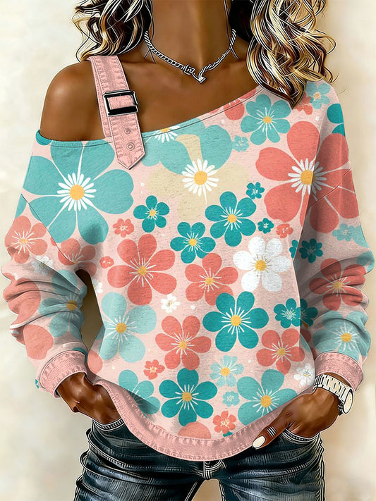 Dámské vintage floral patchwork print casual offshoulder sweatshirt