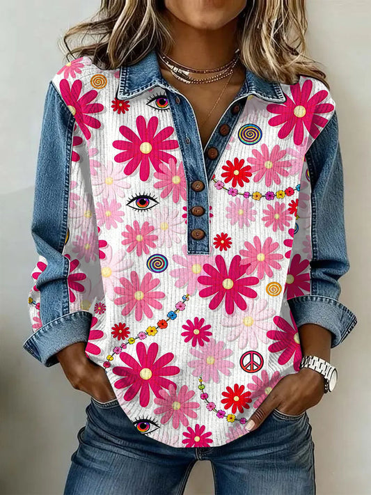 Ženské vintage květinová tisk neformální s dlouhým rukávem top