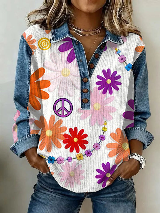 Ženské vintage květinová tisk neformální s dlouhým rukávem top