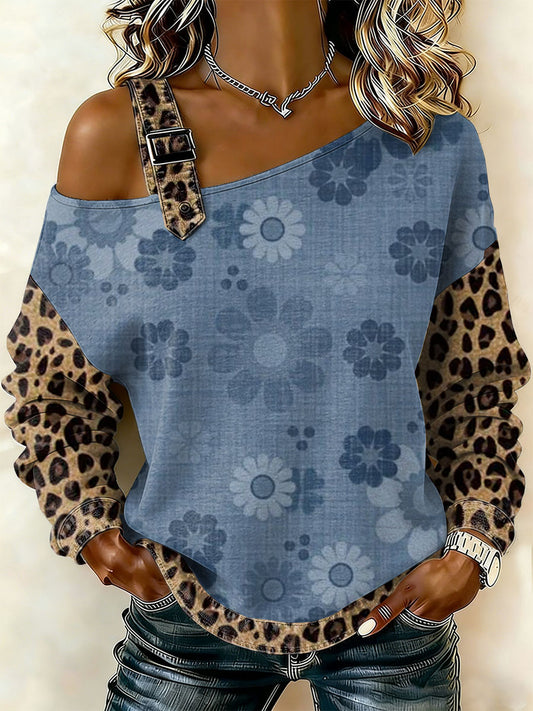 Dámské vintage floral patchwork print casual offshoulder sweatshirt