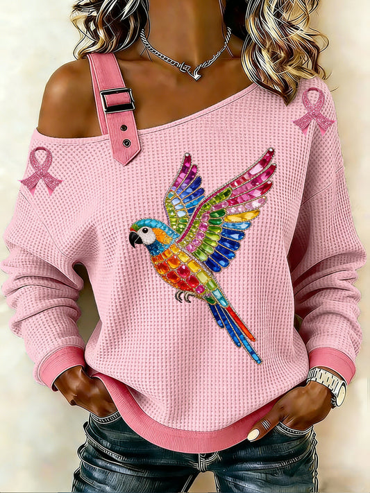 Ženské rakovina prsu vytištěné jedno rameno vafle casual sweatshirt