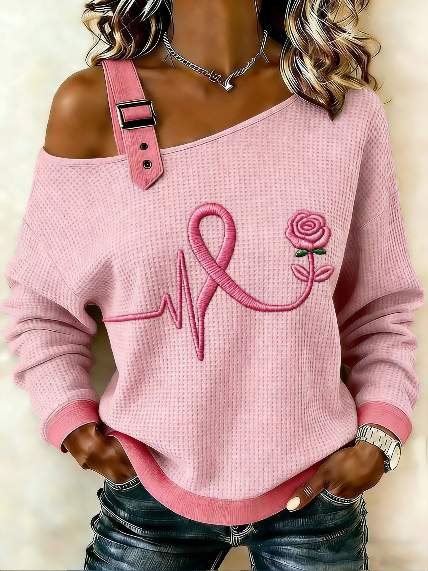 Ženské rakovina prsu vytištěné jedno rameno vafle casual sweatshirt