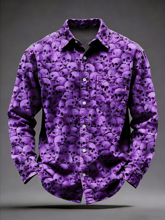 Pánské retro psychedelické lebky vytištěné dlouhé rukávy kapesní košile