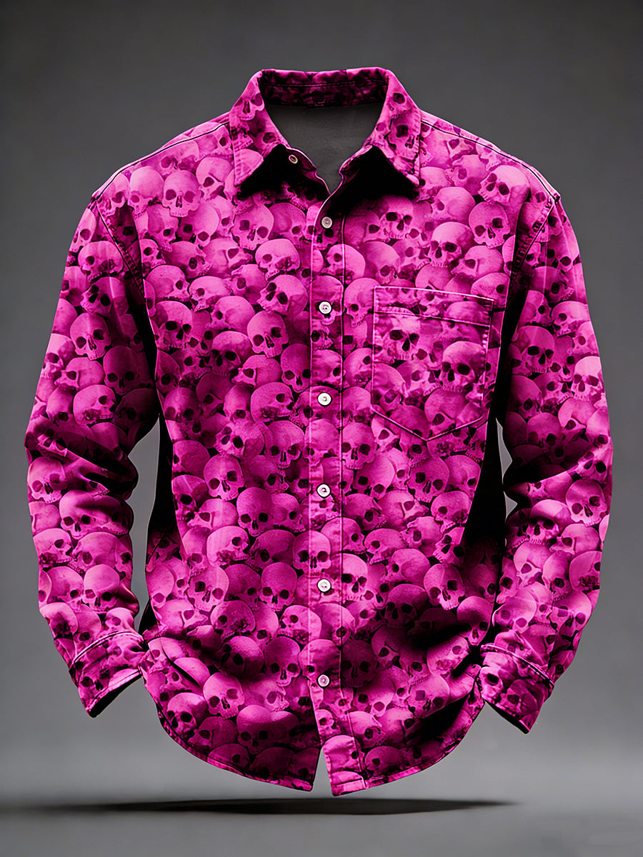 Pánské retro psychedelické lebky vytištěné dlouhé rukávy kapesní košile