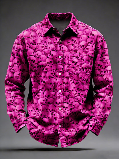 Pánské retro psychedelické lebky vytištěné dlouhé rukávy kapesní košile