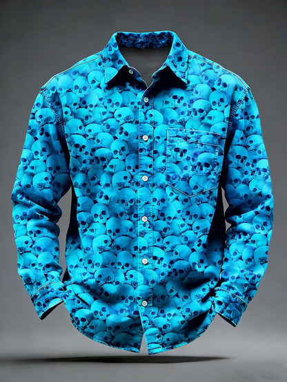 Pánské retro psychedelické lebky vytištěné dlouhé rukávy kapesní košile