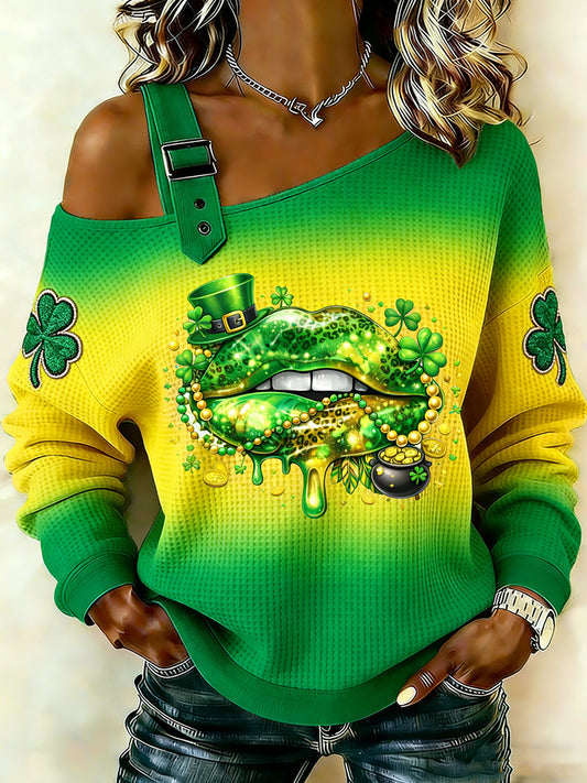 Ženské saint patrick vytištěné jedno rameno vafle casual sweatshirt