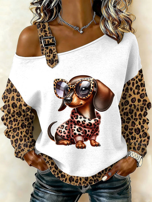 Dámské retro pes patchwork tištěné neformální offshoulder sweatshirt