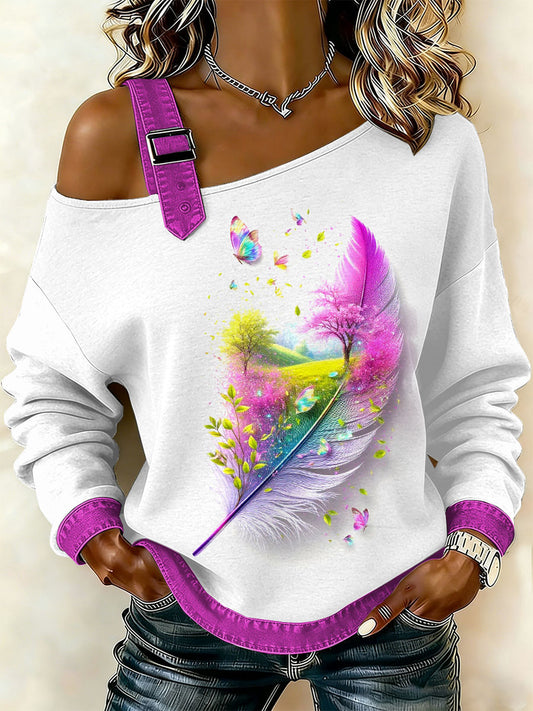 Dámské vintage floral patchwork print casual offshoulder sweatshirt