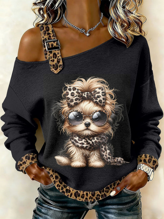 Dámské retro pes patchwork tištěné neformální offshoulder sweatshirt
