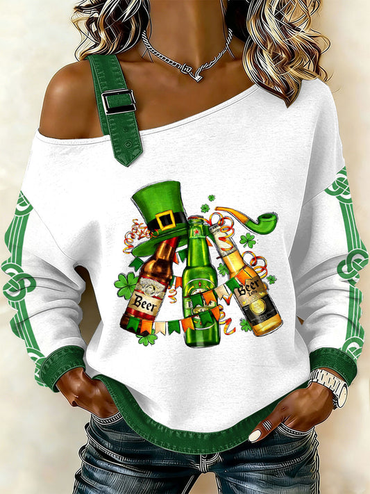 Women's vintage st patricks day print casual offshoulder sweatshirt