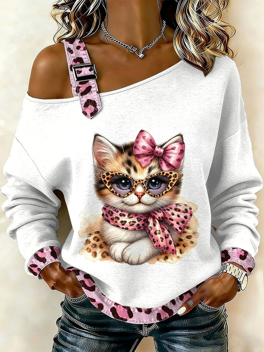 Dámské retro pes patchwork tištěné neformální offshoulder sweatshirt