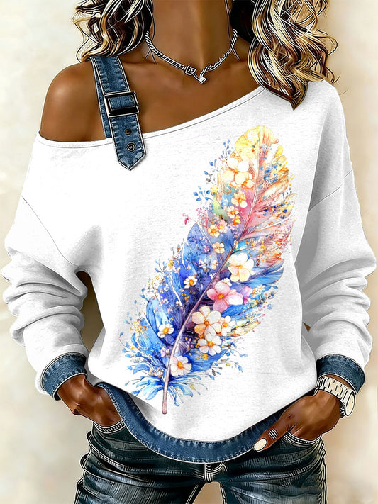 Dámské vintage floral patchwork print casual offshoulder sweatshirt