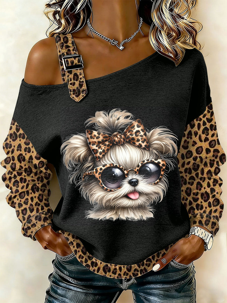 Dámské retro pes patchwork tištěné neformální offshoulder sweatshirt