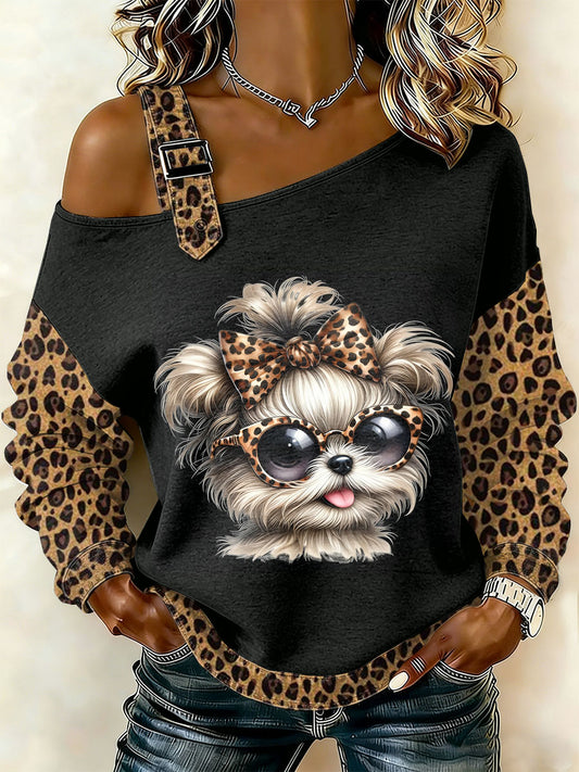 Dámské retro pes patchwork tištěné neformální offshoulder sweatshirt