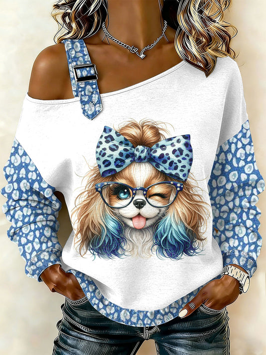 Dámské retro pes patchwork tištěné neformální offshoulder sweatshirt