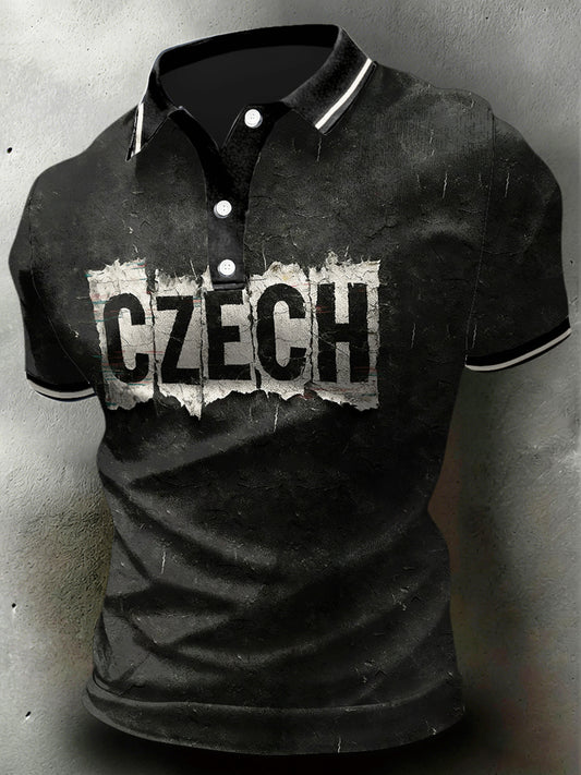 Men vintageprint black polo shirt with czech lettering