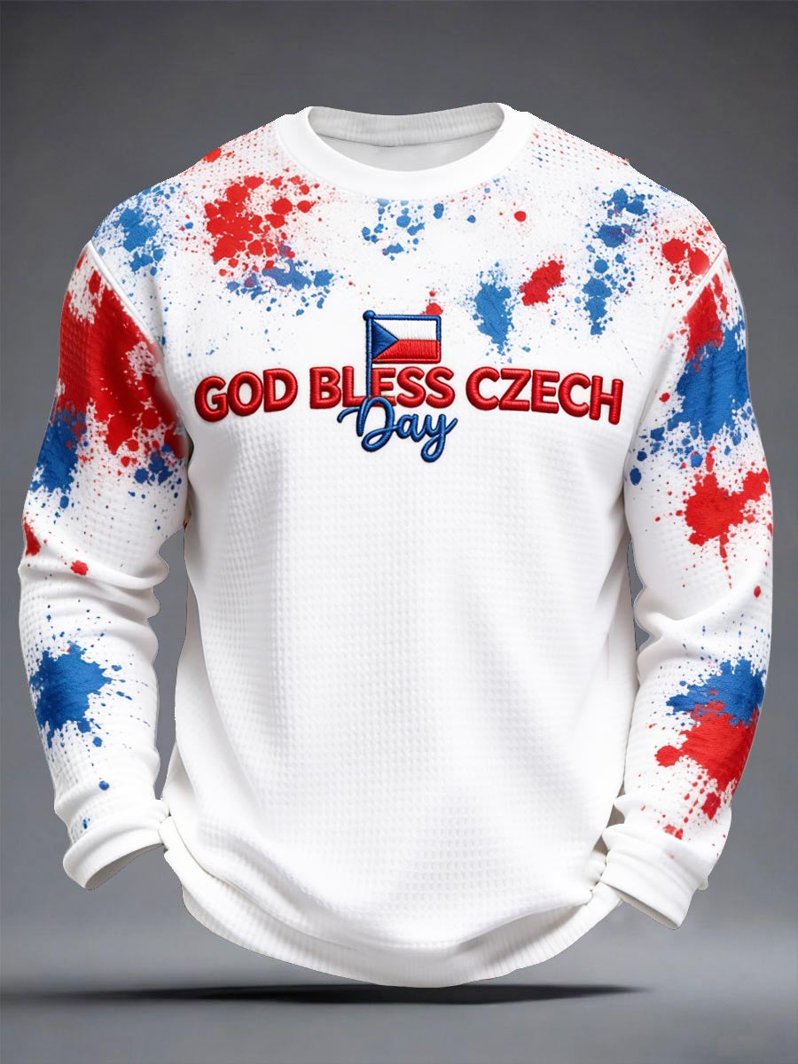Pánské české barevné graffiti print módní vafle weave s dlouhými rukávy tshirt