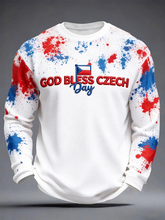 Pánské české barevné graffiti print módní vafle weave s dlouhými rukávy tshirt