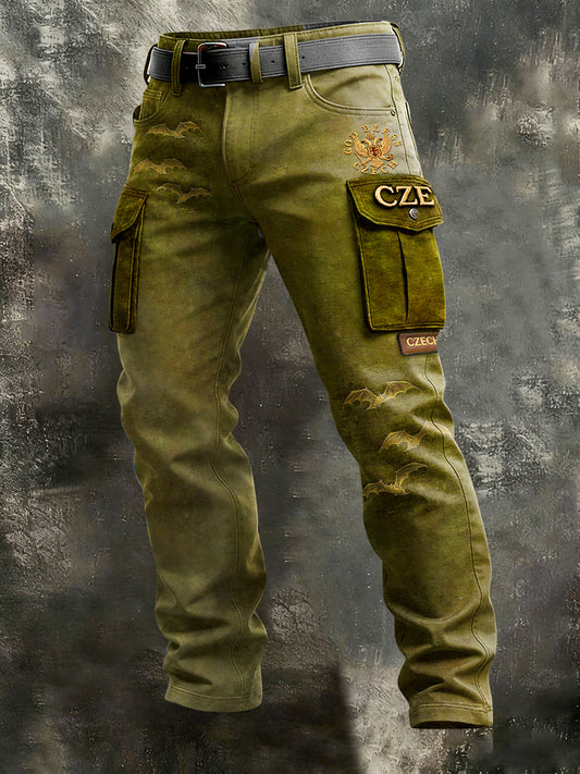 Pánské české vintage tisk armádní zelené pracovní kalhoty