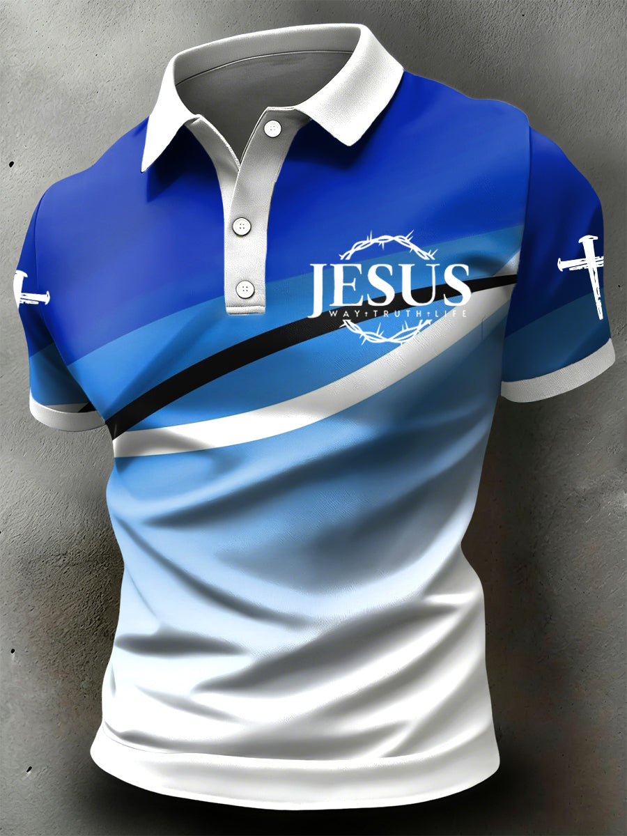 Retro jesusthemed gradient stripe casual polo shirt