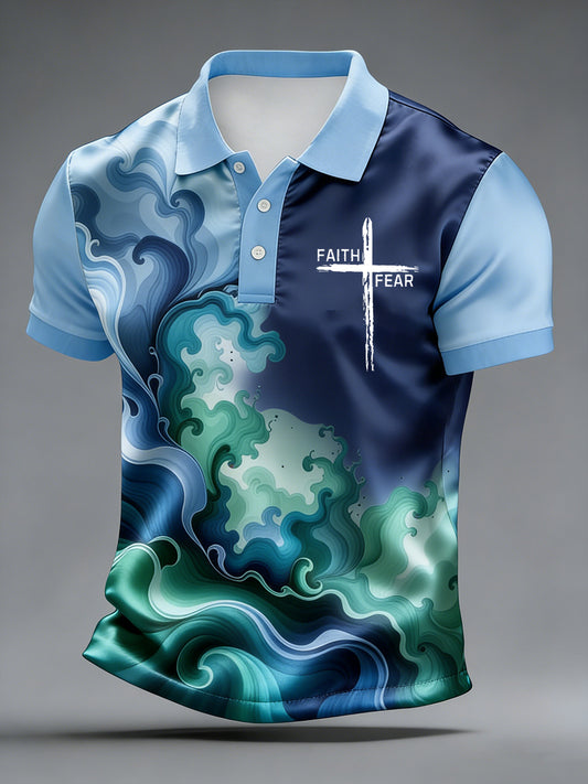 Retro faiththemed art print casual polo shirt
