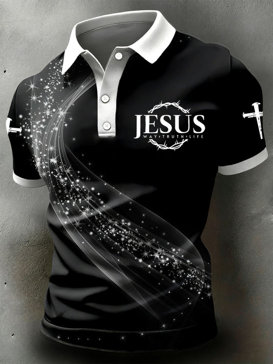 Retro jesusthemed gradientprint casual polo shirt
