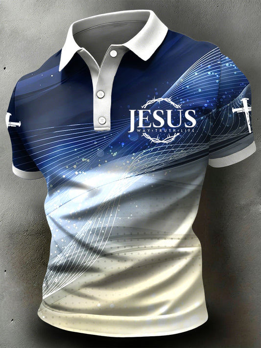 Retro jesusthemed striped casual polo shirt