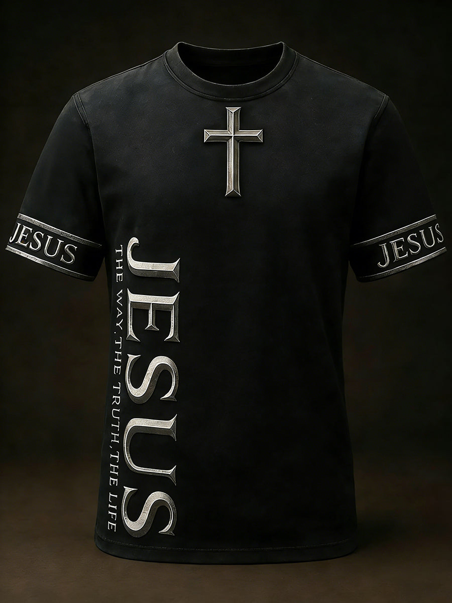 Mens christian jesus the way the truth the life cross print casual short sleeve tshirt
