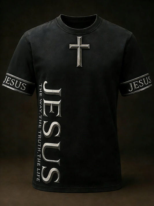 Mens christian jesus the way the truth the life cross print casual short sleeve tshirt