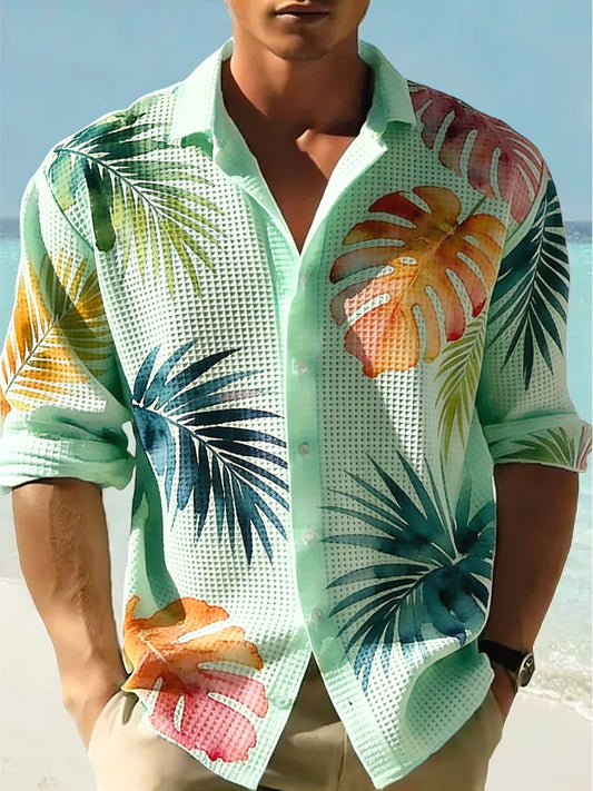 Mens hawaiian styl abstraktní palmové listy vafletkání košile