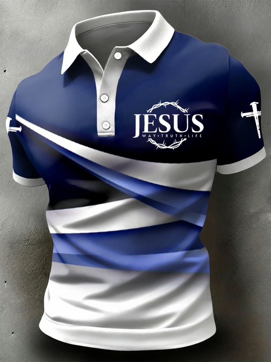 Retro jesusthemed gradient geometric casual polo shirt