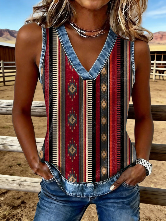 Ženské vintage západní umění tištěné vneck tank top