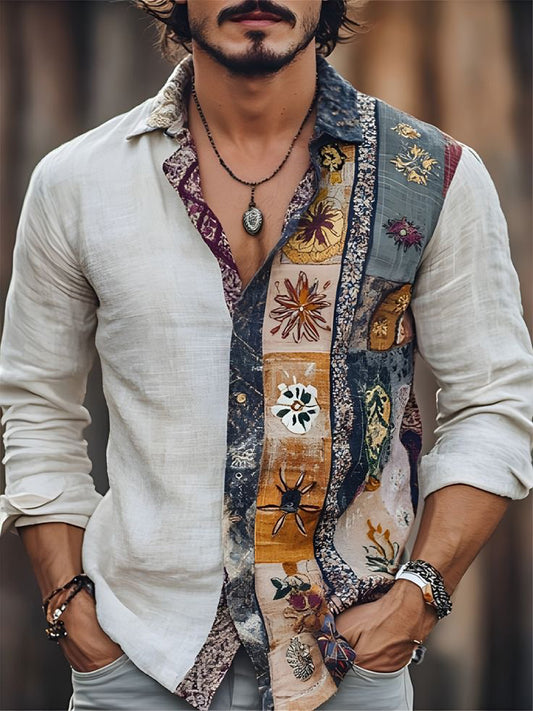 Pánské havajské styl etnické geometrické patchwork casual košile