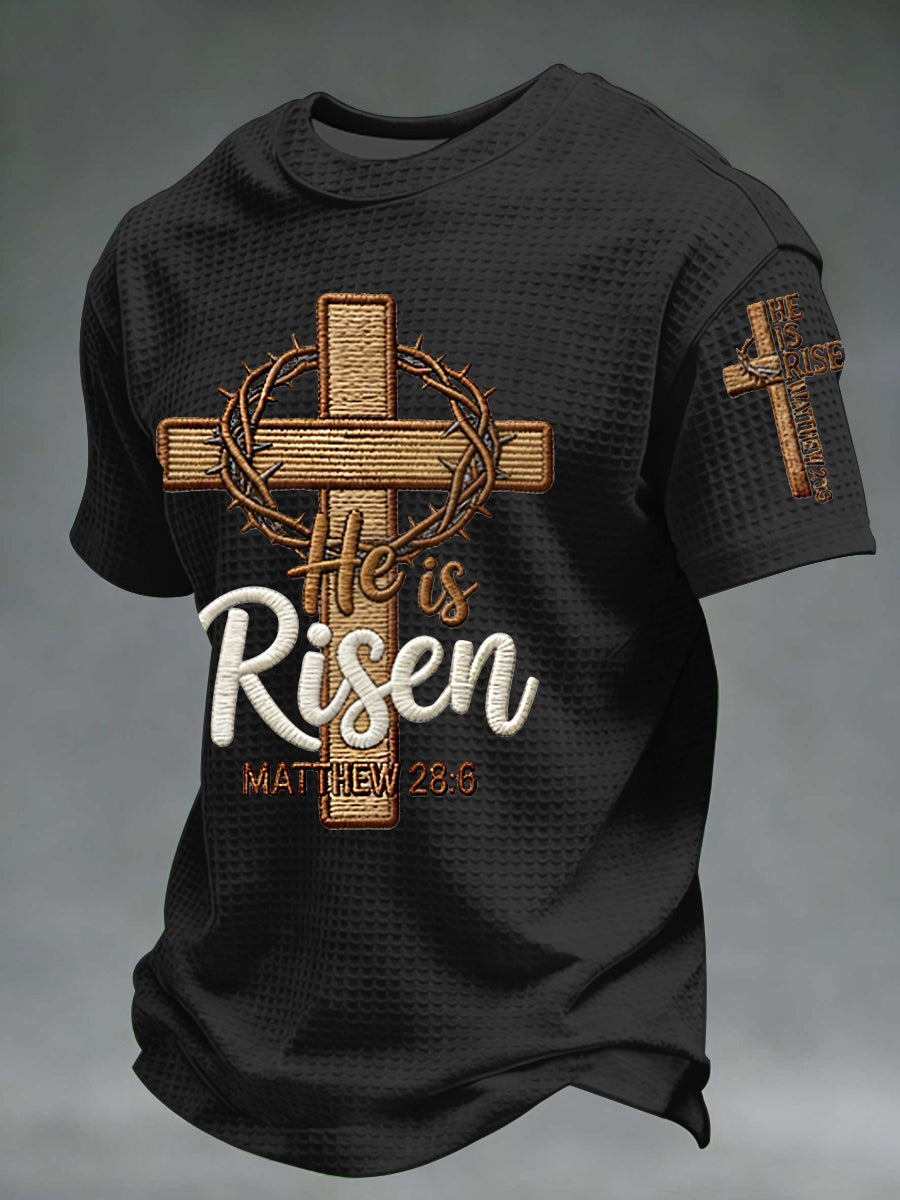 Men he is riser matthew 28:6 waffle short sleeve