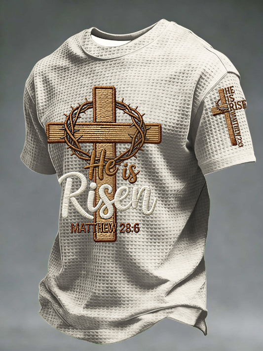 Men he is riser matthew 28:6 waffle short sleeve
