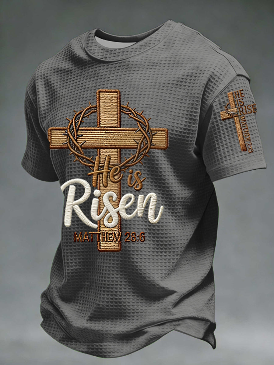 Men he is riser matthew 28:6 waffle short sleeve