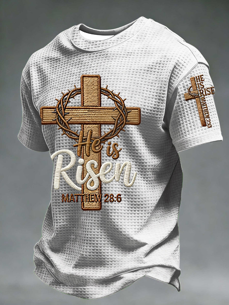 Men he is riser matthew 28:6 waffle short sleeve