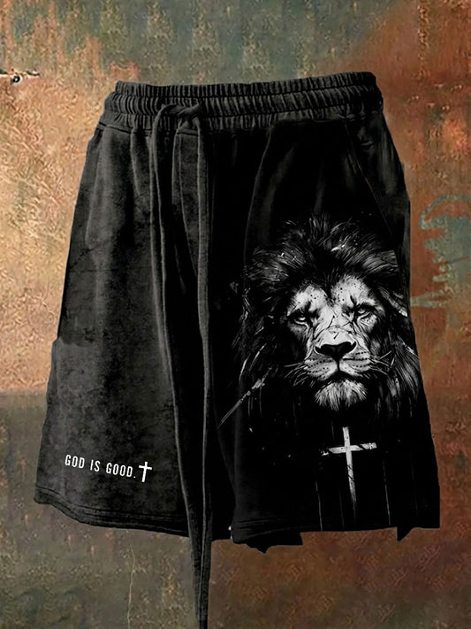 Muži víra kříž lev bůh je dobrý tištěné šortky