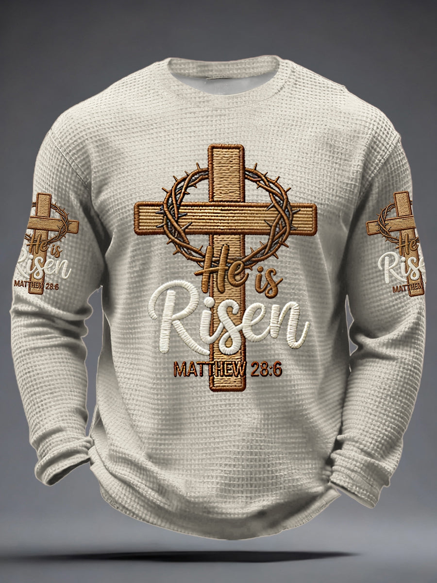 Men he is riser matthew 28:6 waffle long sleeve tshirt