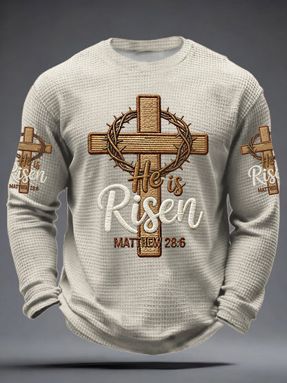 Men he is riser matthew 28:6 waffle long sleeve tshirt
